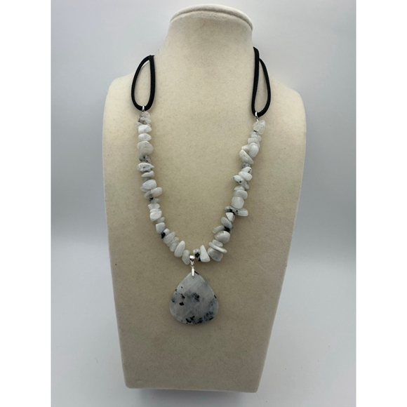 Rainbow Moonstone Chips and Teardrop Pendant Necklace on Black Faux Suede - Picture 2 of 9